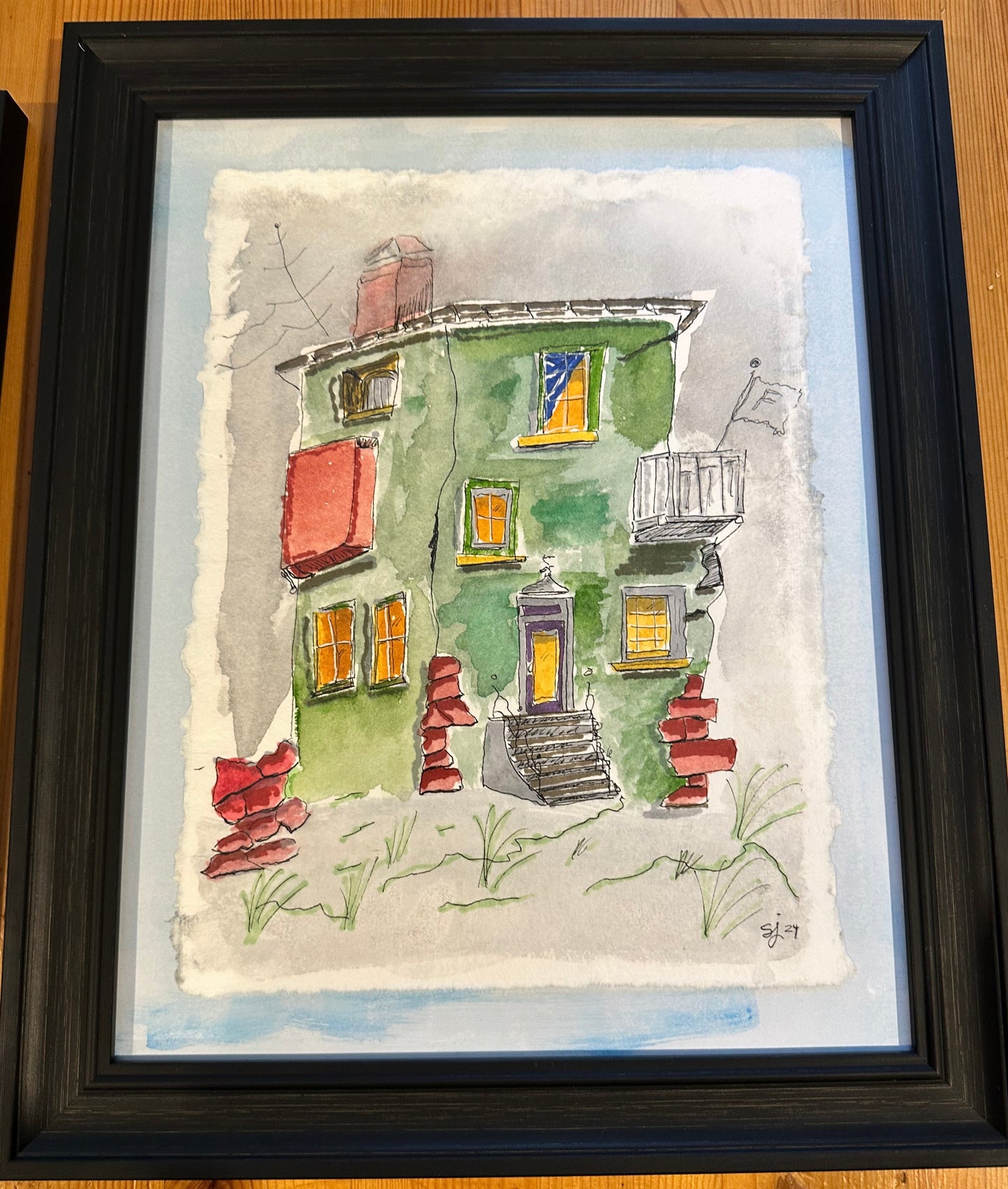 "Old bay house" in green framed 13x16