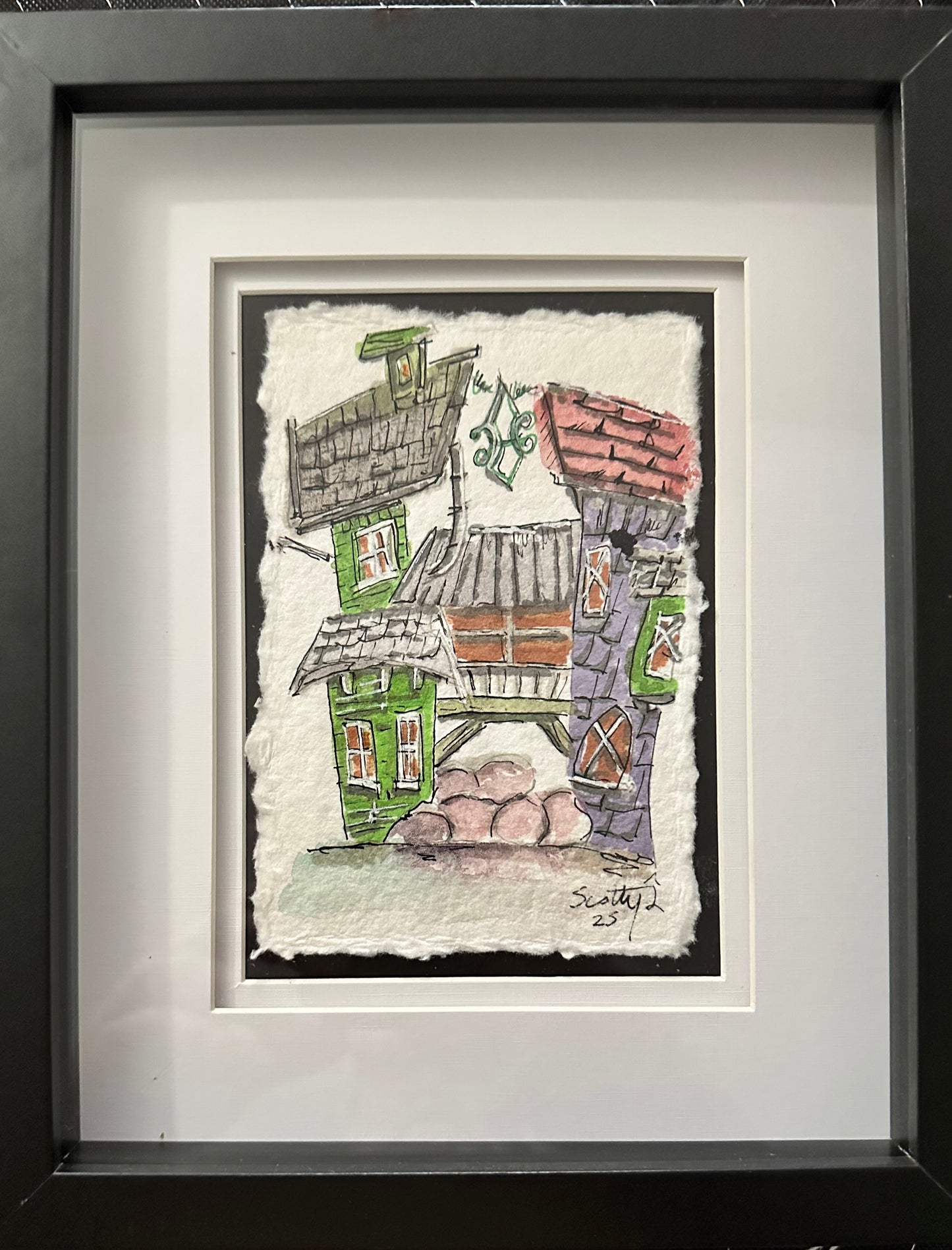 8x10 double matted and framed art, Whimsical painterly style architecture